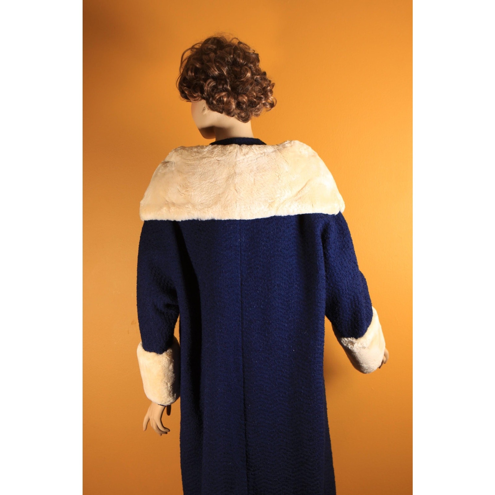 1950s Blue Long Sleeve Cream Sheared Chinchilla Fur Cuff Collar Coat by Adler’s