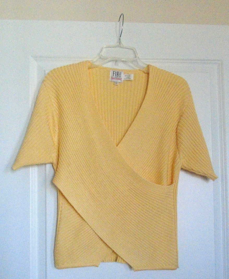 VTG FIA ITALIA Handloomed Yellow Knit Wrap Top Short Sleeve Cotton Rayon Size L