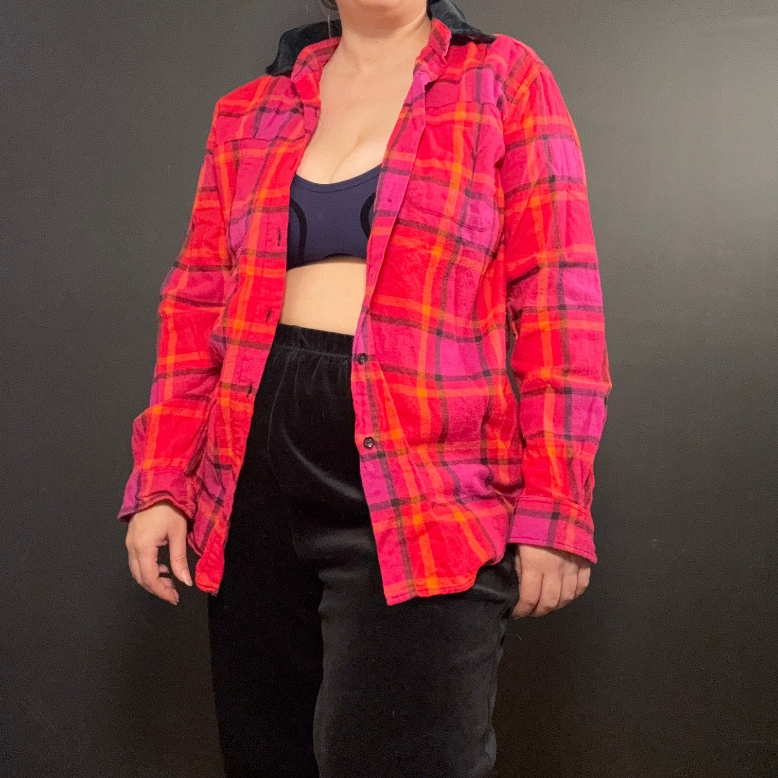 Vtg Pink Orange Neon Plaid Flannel Shirt Velvet Cotton Maximalist S Cabincore