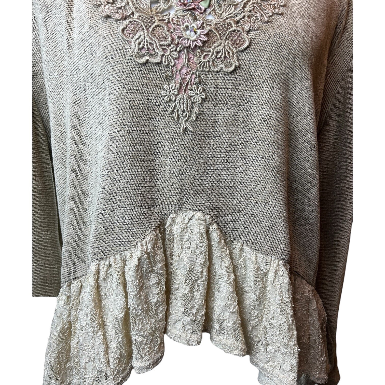 USA Vintage PHUN Shirts Women’s Pant and Shirt Set Tan with Lace Beaded Sz L