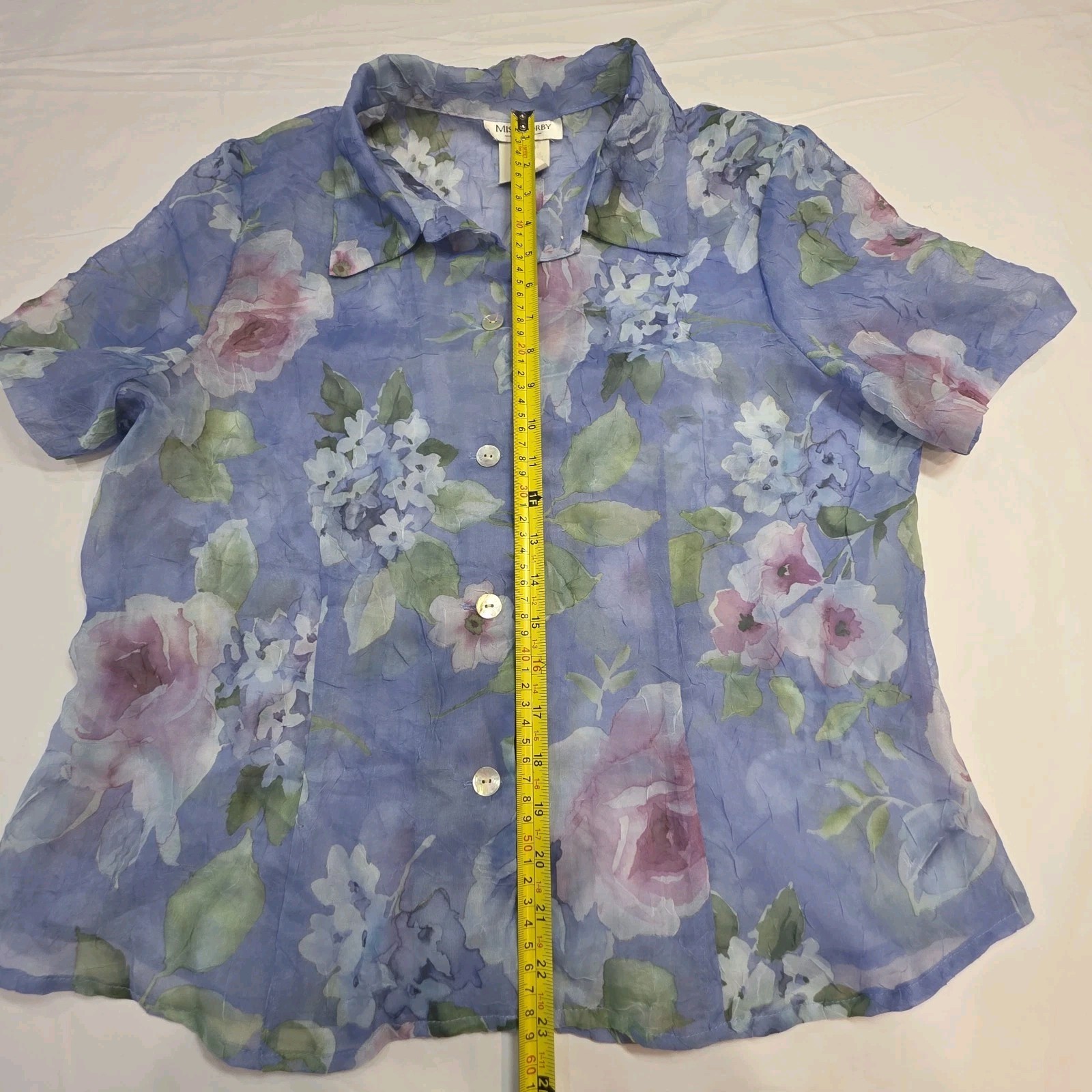 Miss Dorby Vtg Size 14 Floral Crinkle Button Up Fly Away Blouse Periwinkle Fairy