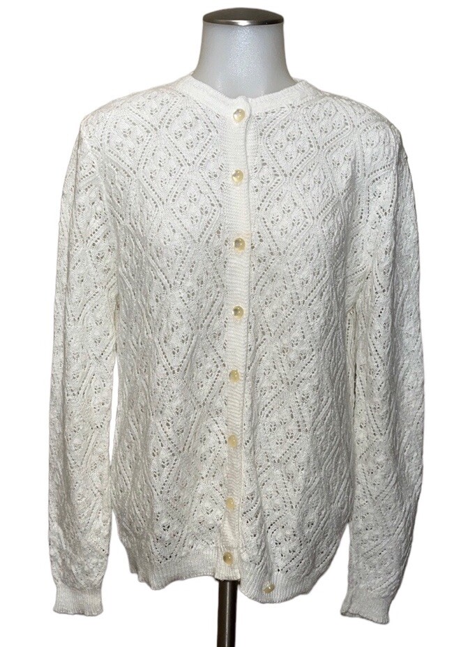 Vtg BRITISH VOGUE Ivory~Off White Knit Dainty Cardigan Sweater~Granny Core MCM