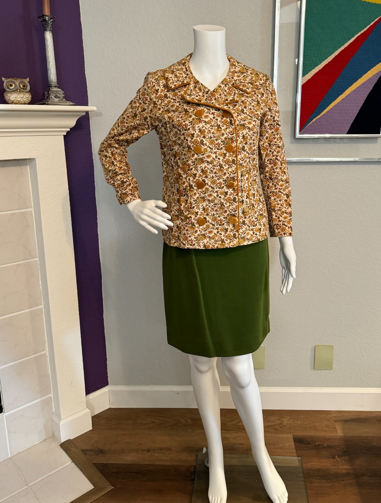 Vintage 70s Robbie Rivers Army Green, Gold, Brown Flower Jacket & Catilina Skirt