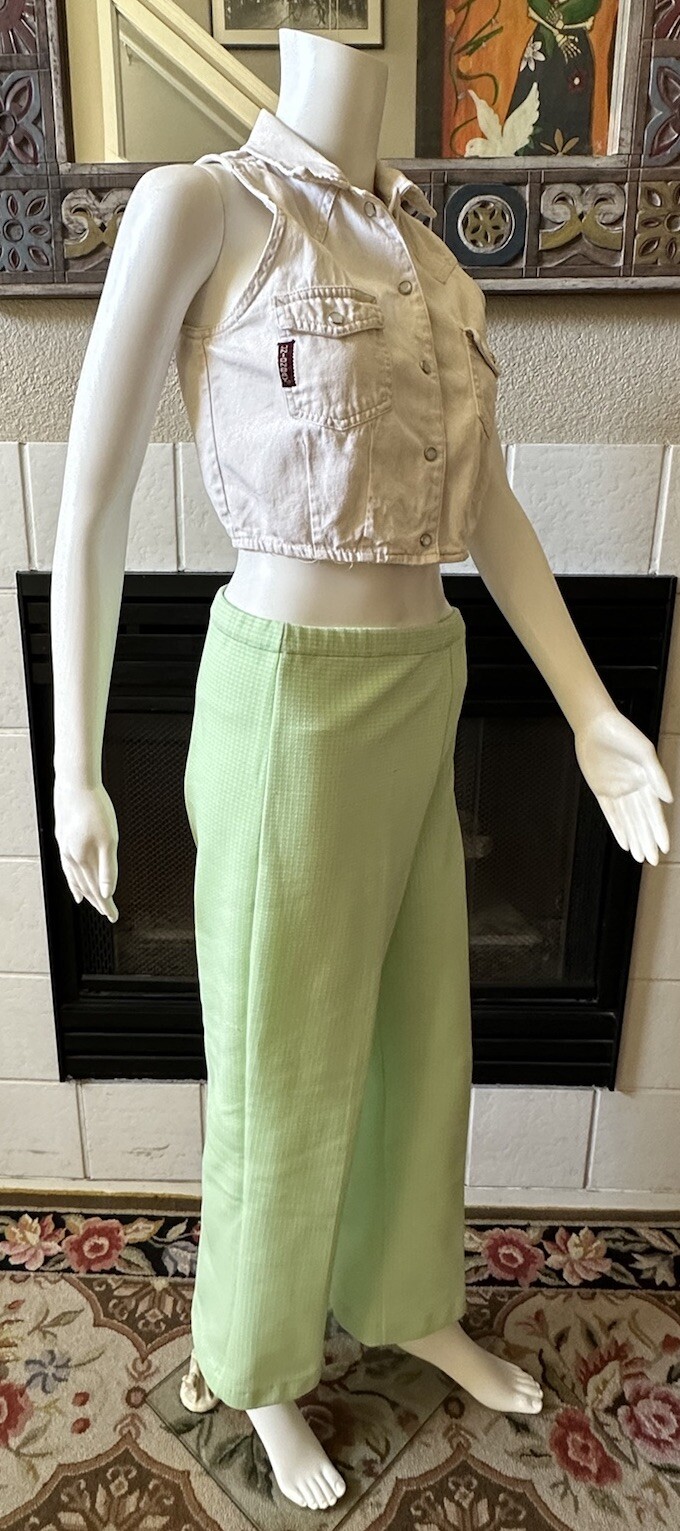 Green Plaid Polyester Pants 31×28 Lightweight Elastic Waist Vtg 70’s