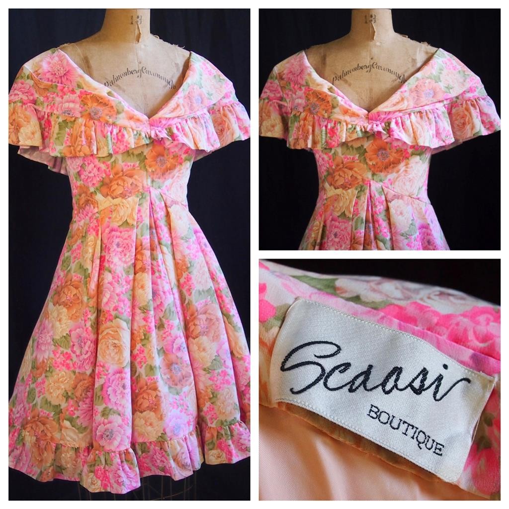 SCAASI BOUTIQUE Vintage 80s Does 50s Floral Off Shoulder Full Skirt Party Dress