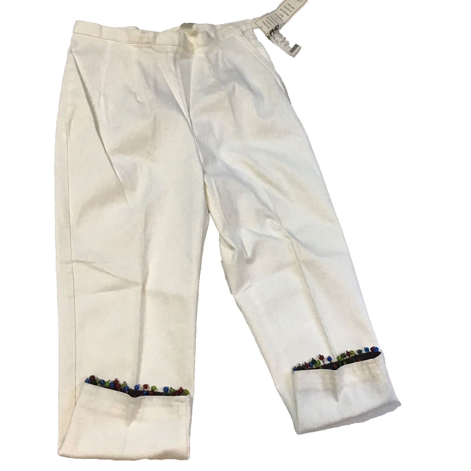 Paul Harris Design White Beaded Capri Cotton Pants Womens Size 2 USA Vintage 90s