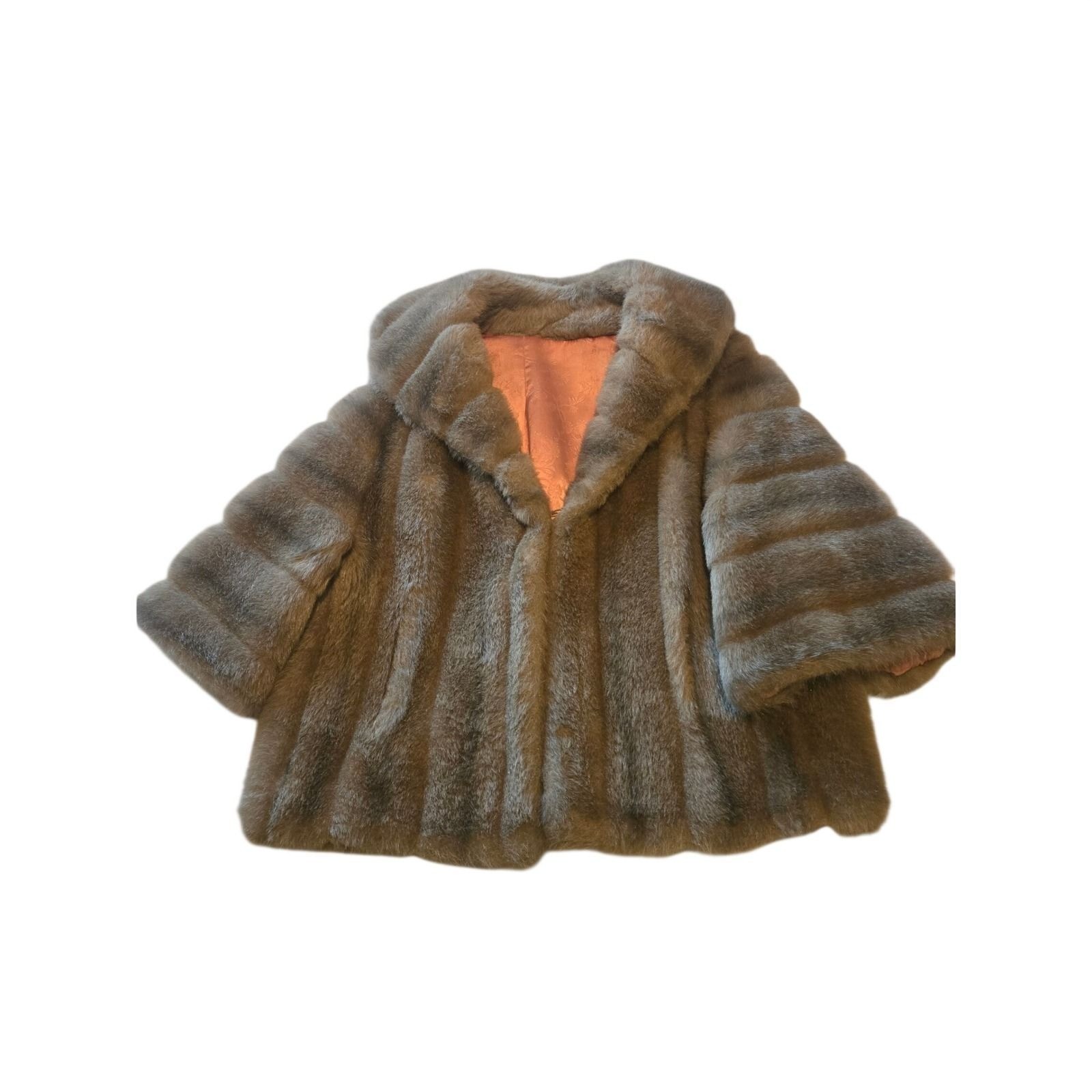 Vintage Faux Fur Cropped Jacket Taupe Brown Ribbed Shawl Collar Satin Lined Luxe