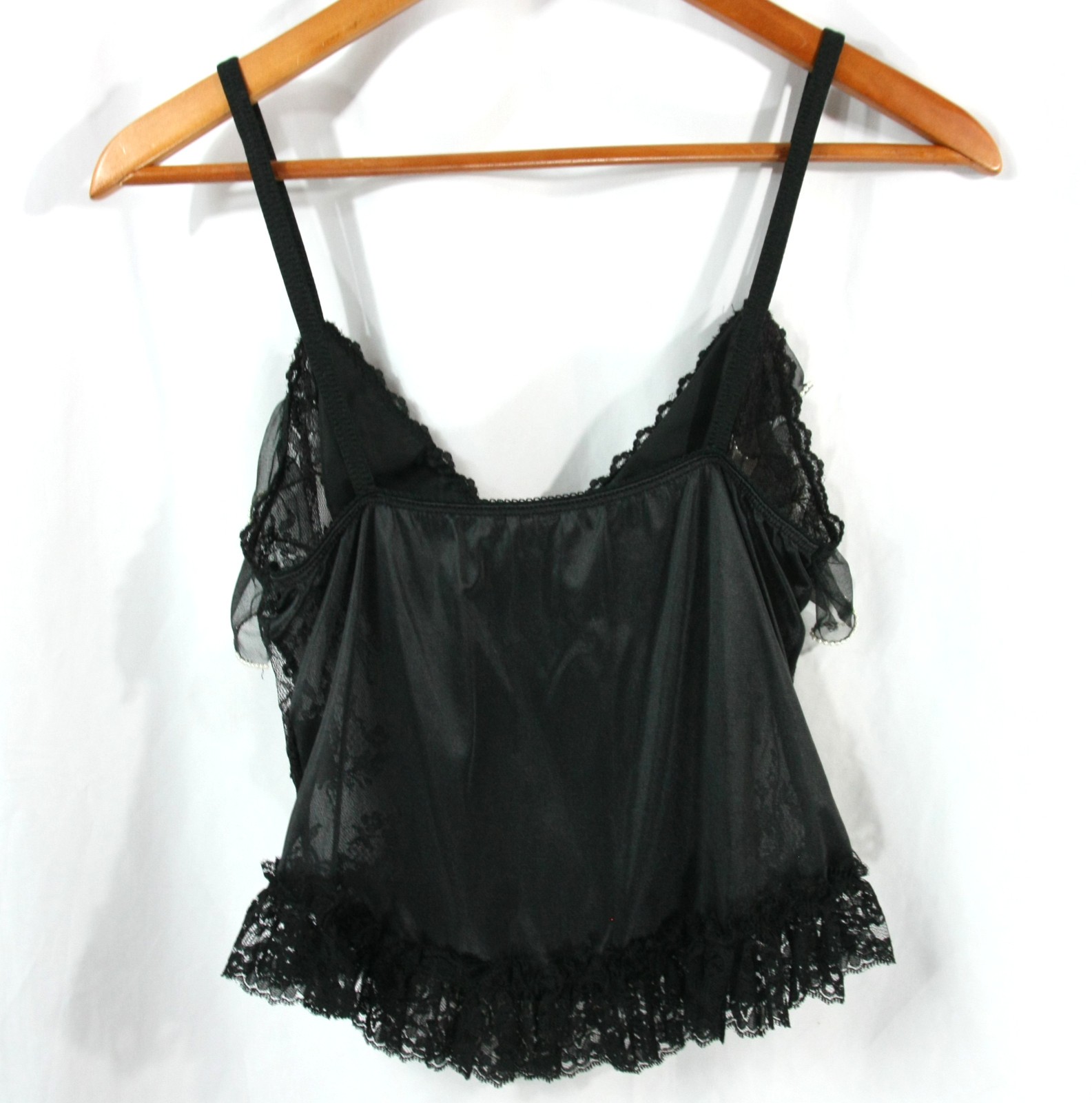 Vintage Sedu Beaded Sheer Black Lace Ruffles Satin Lingerie Teddy Camisole S