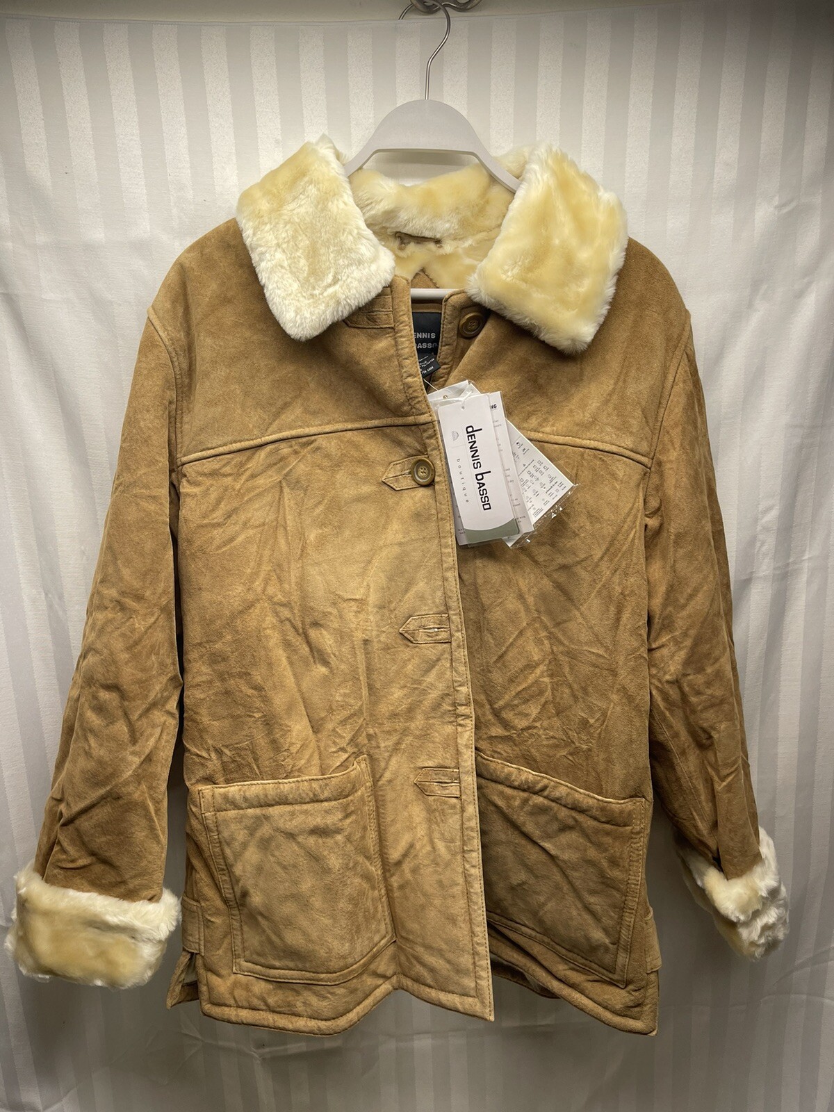 Women’s Vintage Dennis Basso Genuine Leather Coat Faux Fur Jacket Size L NEW NEW