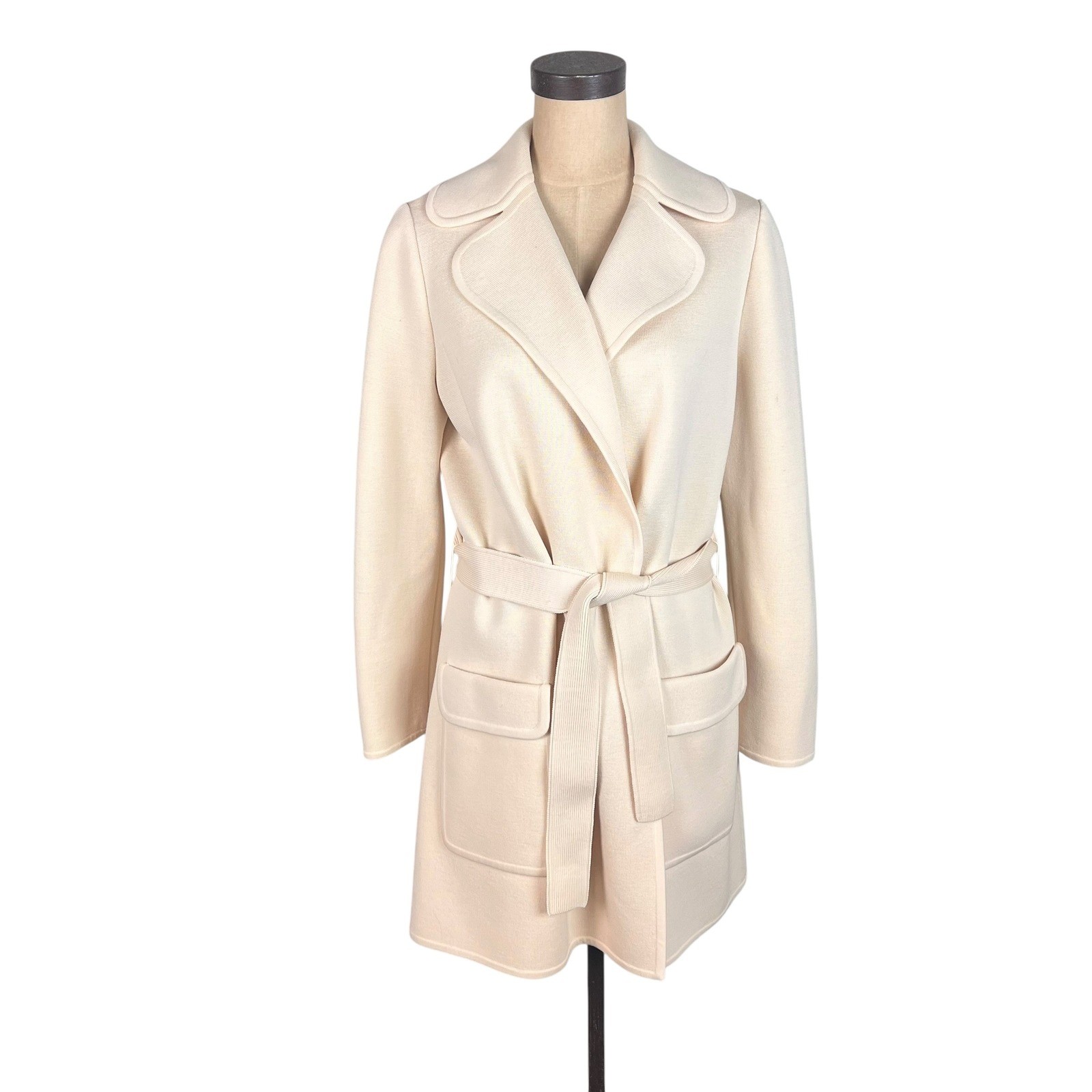 Vintage LeRoy Knitwear Cream 100% Wool Wrap Coat with Belt Large