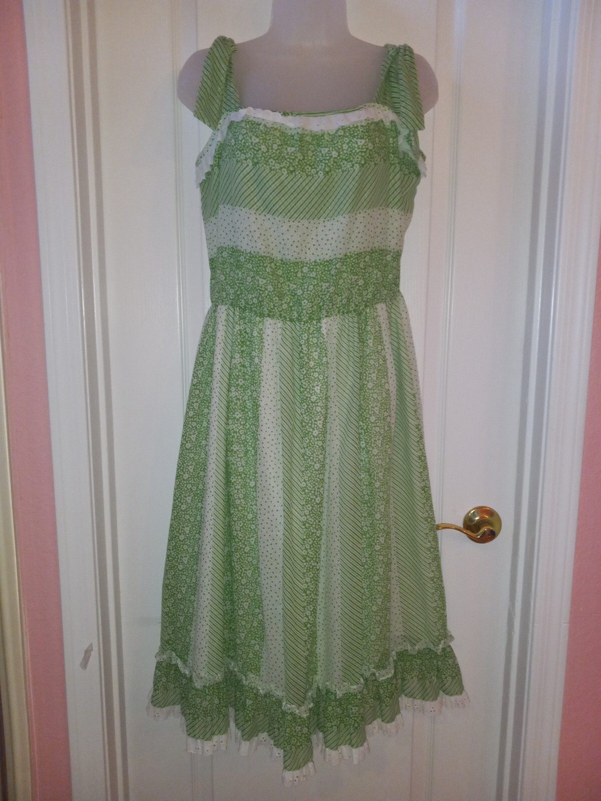 Vintage 70s Kenny Classics Green Floral Prairie Sundress Hippie Cottagecore L