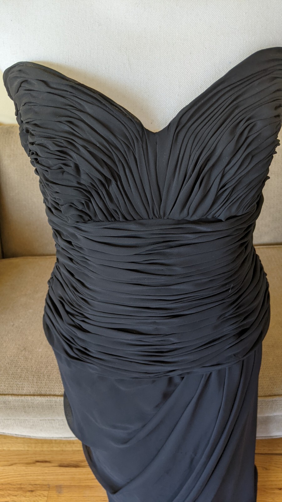 Vintage Victor Costas Neiman Marcus Black Strapless Ruched Silk Organza Dress