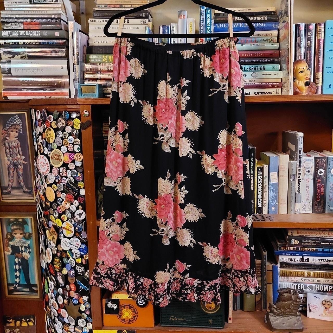 Vintage black and pink floral ruffle skirt