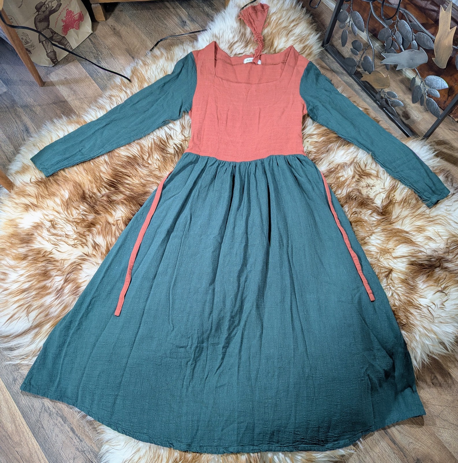 XS Vintage Style, FLAX LINEN & Cotton, Fit And Flare, Teal & Rust Colored Dress