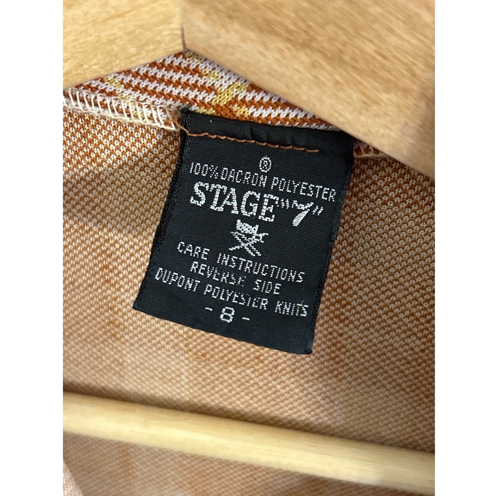 70s Stage 7 Plaid Button Up Shirt Disco Retro Mod Orange White Knit Top Size 8