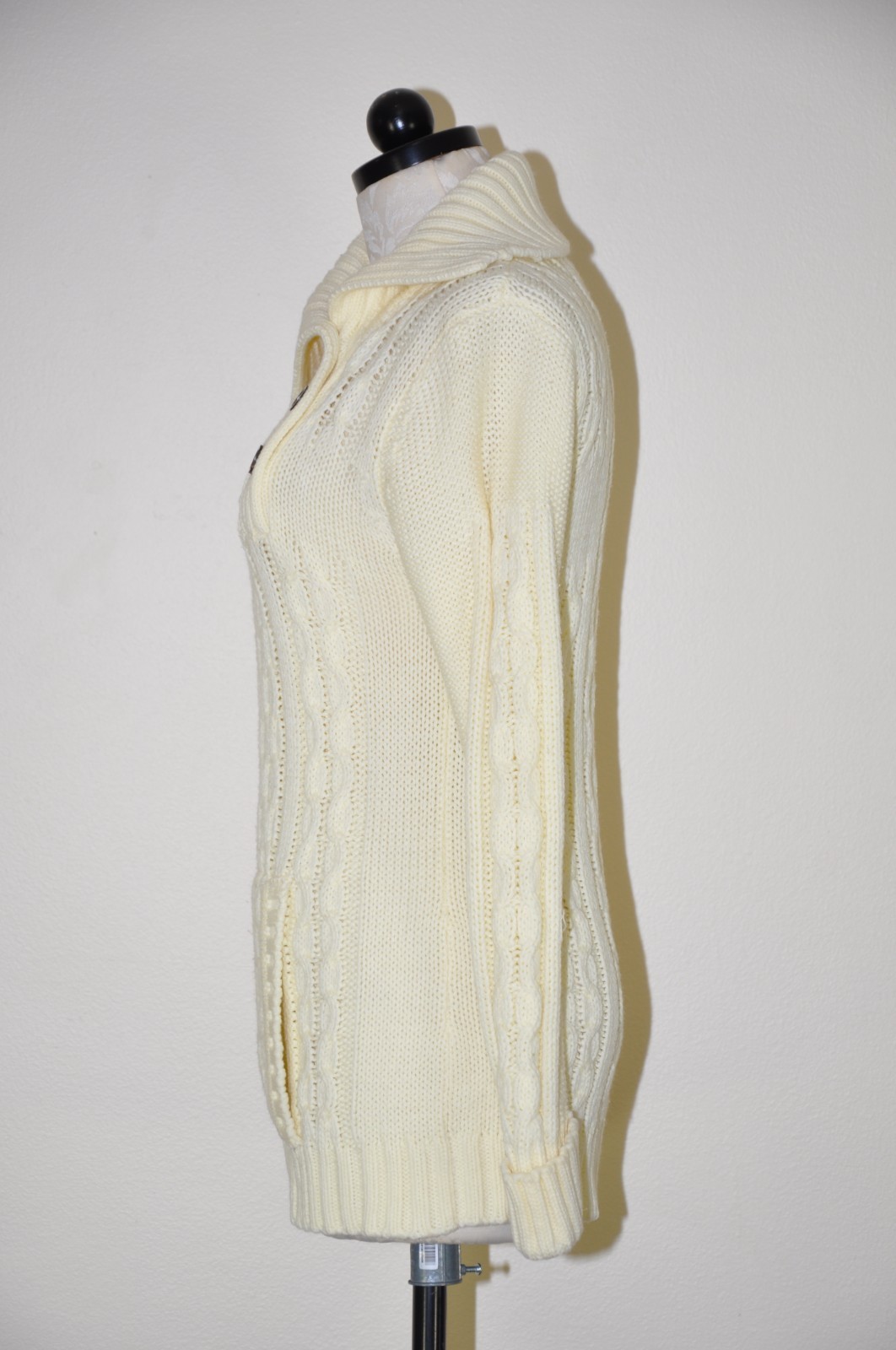70s Vintage Cream Chunky Cable Knit Buttons Turtleneck Fisherman Sweater Women S