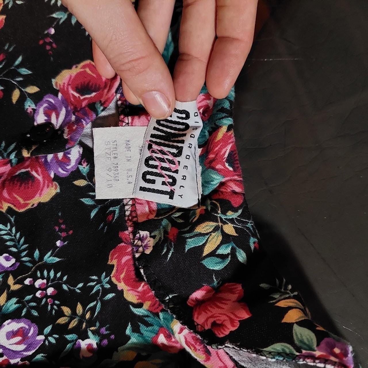 Vintage black, pink, and green floral dress with buttons and scalloped collar