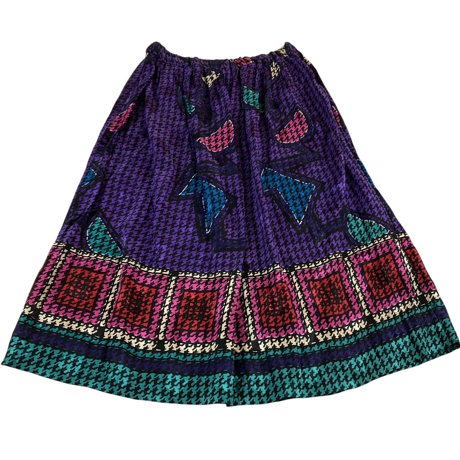 Vintage Lauren Alexandra Skirt Blouse Set Size 12 Purple Houndstooth Pure Silk