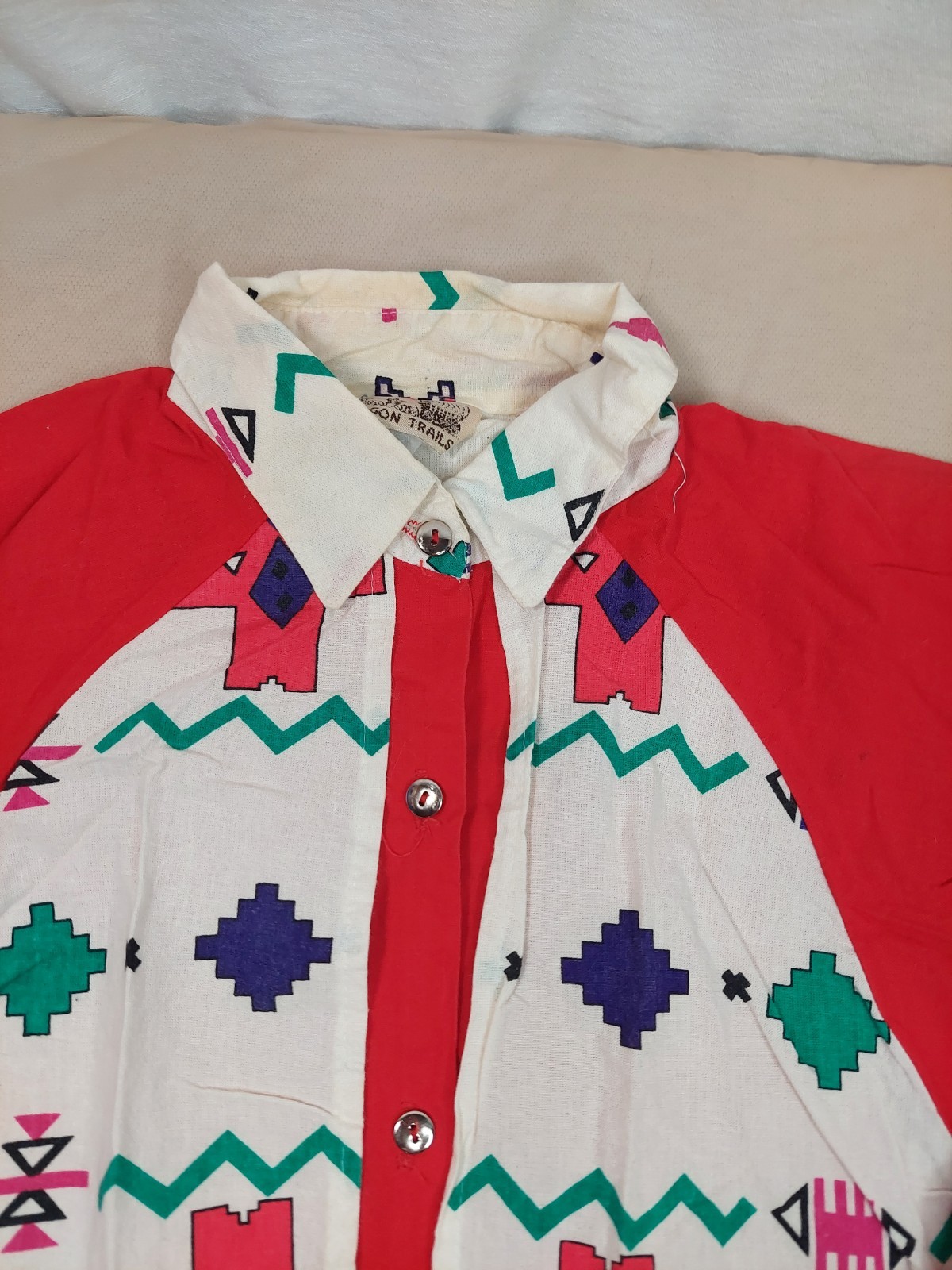 Vintage 80s Southwestern Cowgirl Shirt Women S Red Geometric USA 100% Cotton