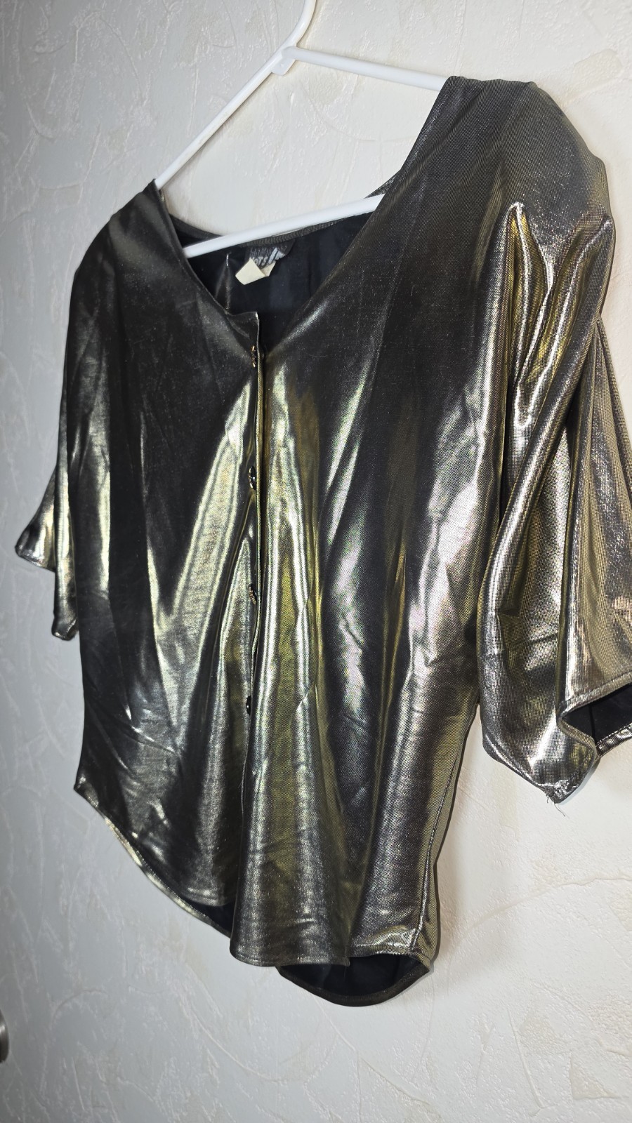 Vtg 80s Metallic Gold Lame Button Up Blouse by Hot Stuff Disco Retro Size Medium