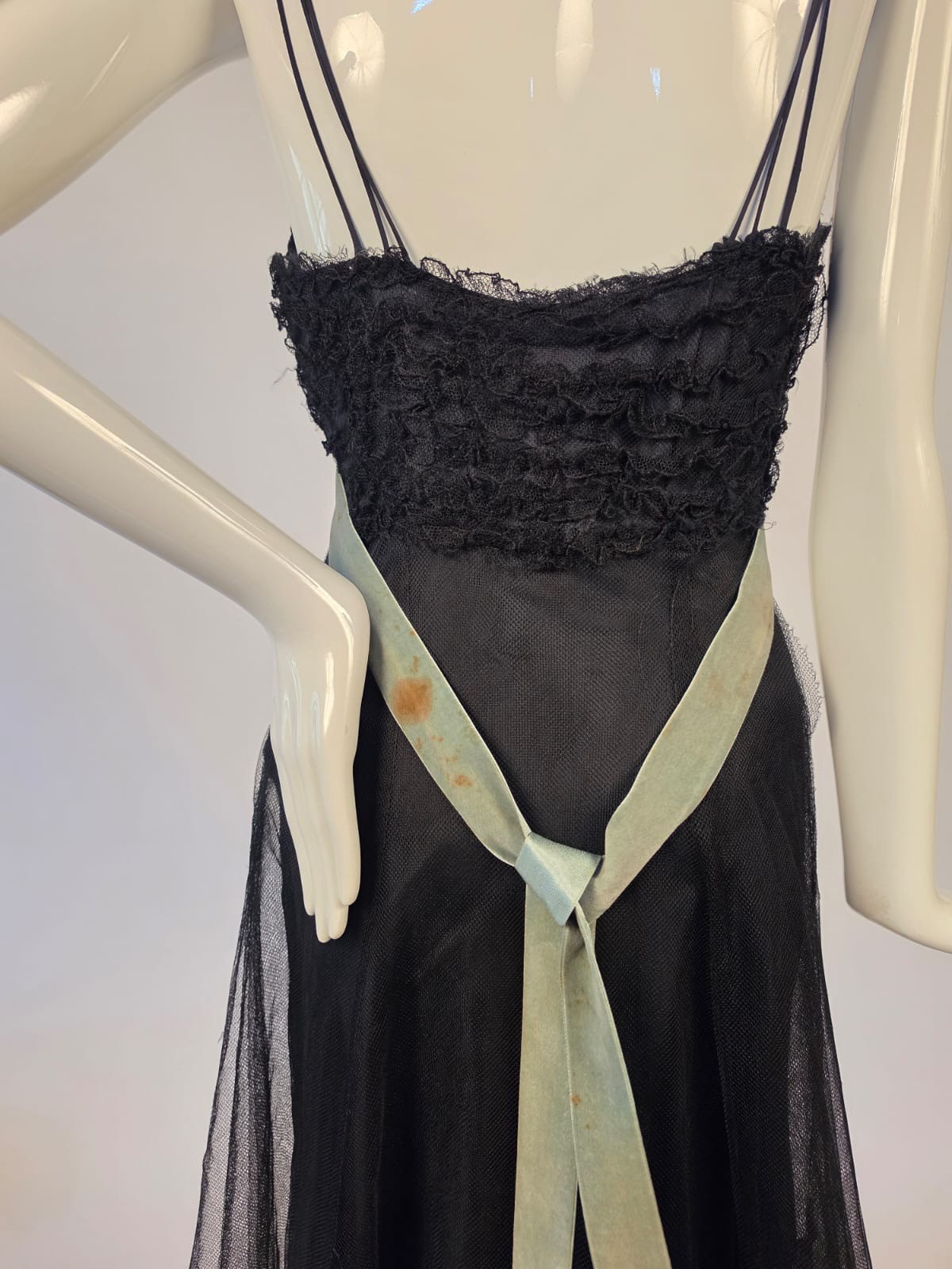 ANTIQUE 1930’S BLACK NET + RUFFLE LONG DRESS W TAFFETA LINING + VELVET TRIM