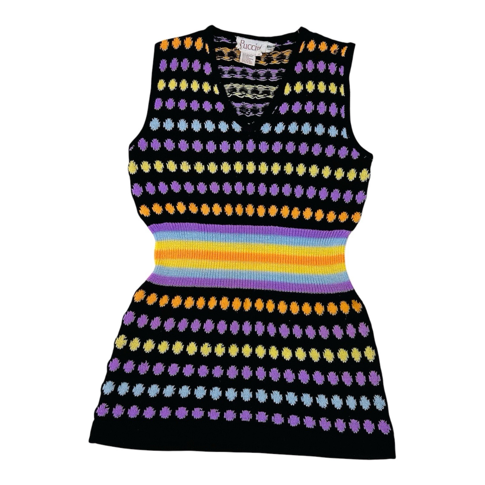 VTG 70s 80s Puccini Womens Sleeveless V Neck Sweater Vest Sm Black Banded Waist