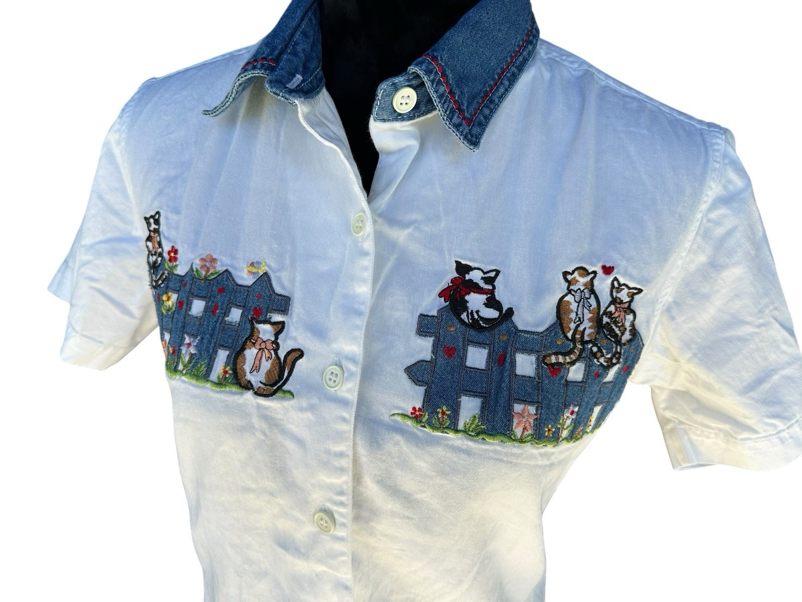 Vintage 90s Cat Embroidered Granny Cottage Core Button Shirt Bobbie Brooks – S