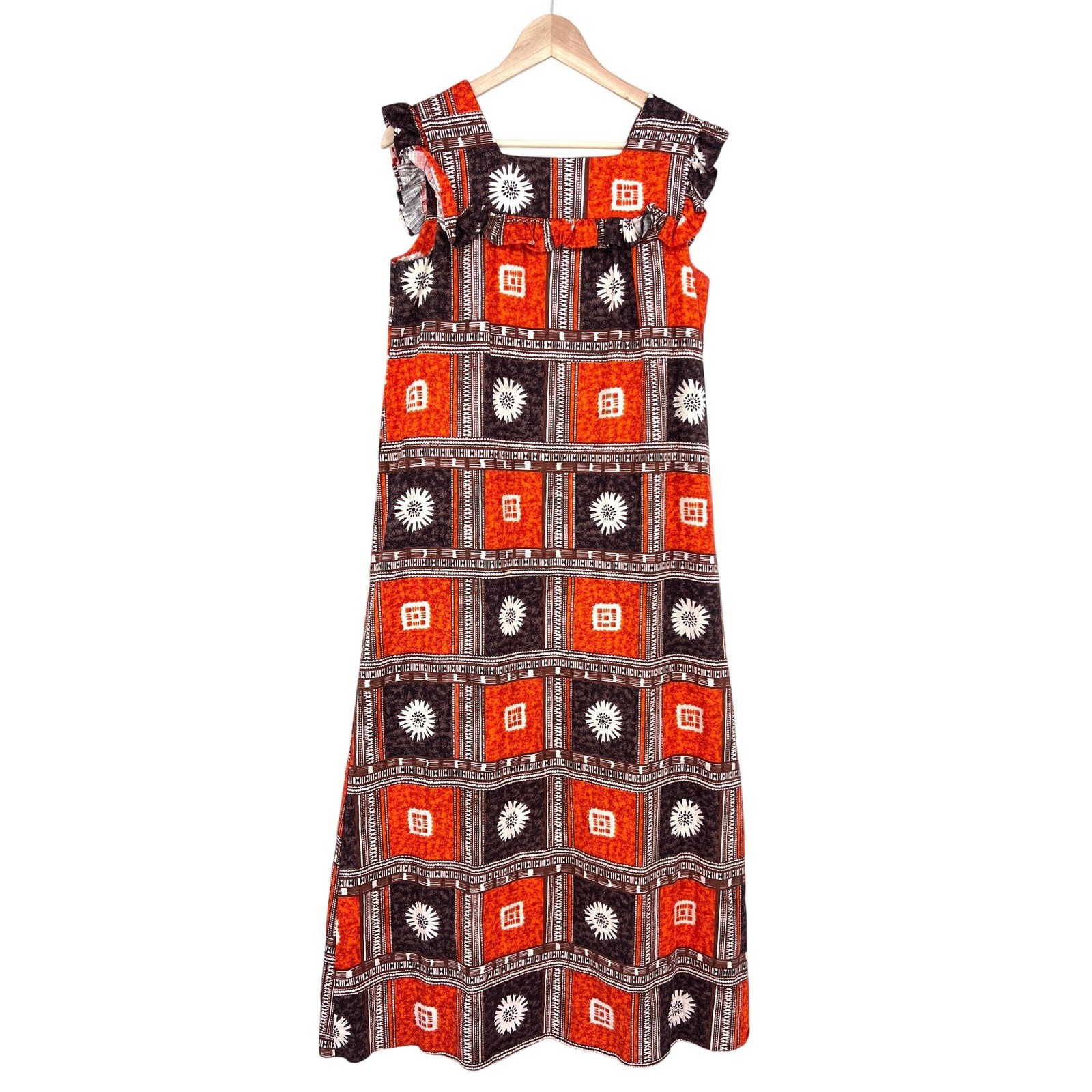 Vintage 1970s Tapa Designs Hawaiian Maxi Dress Ruffle Tapa Print tiki luau