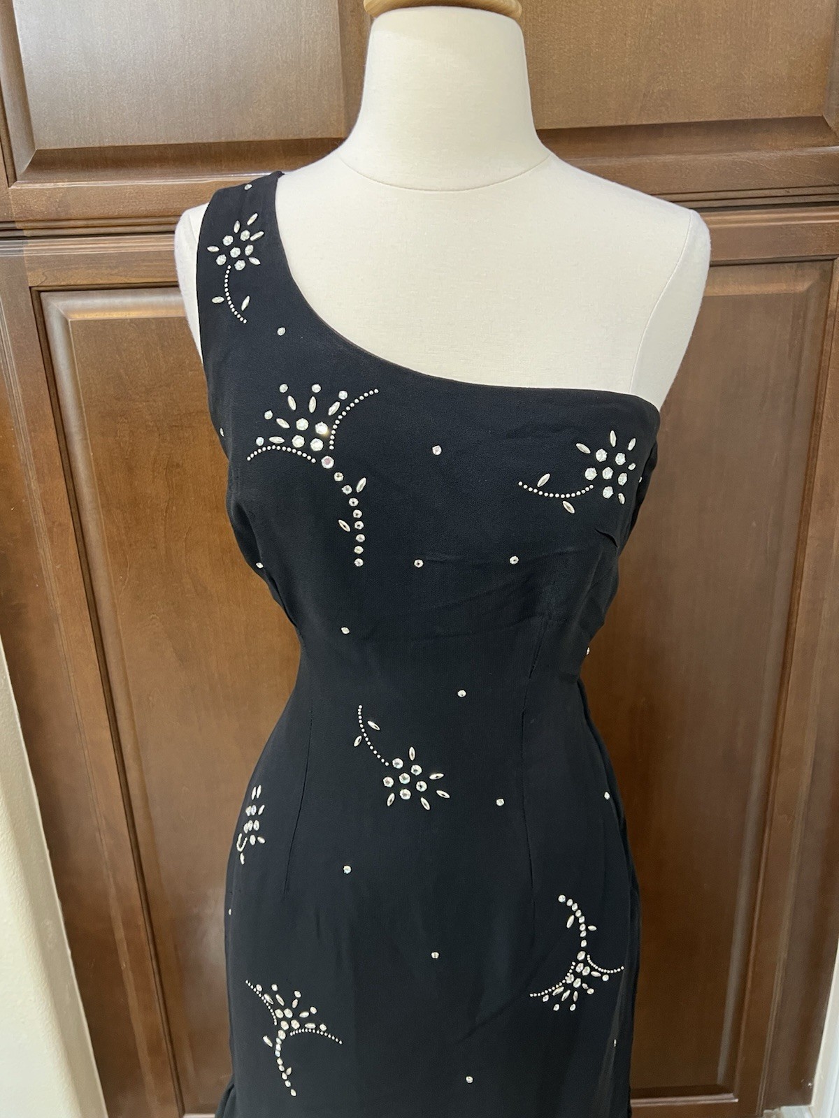 1950’s Lilli Diamond Black Cocktail Dress Rhinestones One Shoulder Ruffled Hem