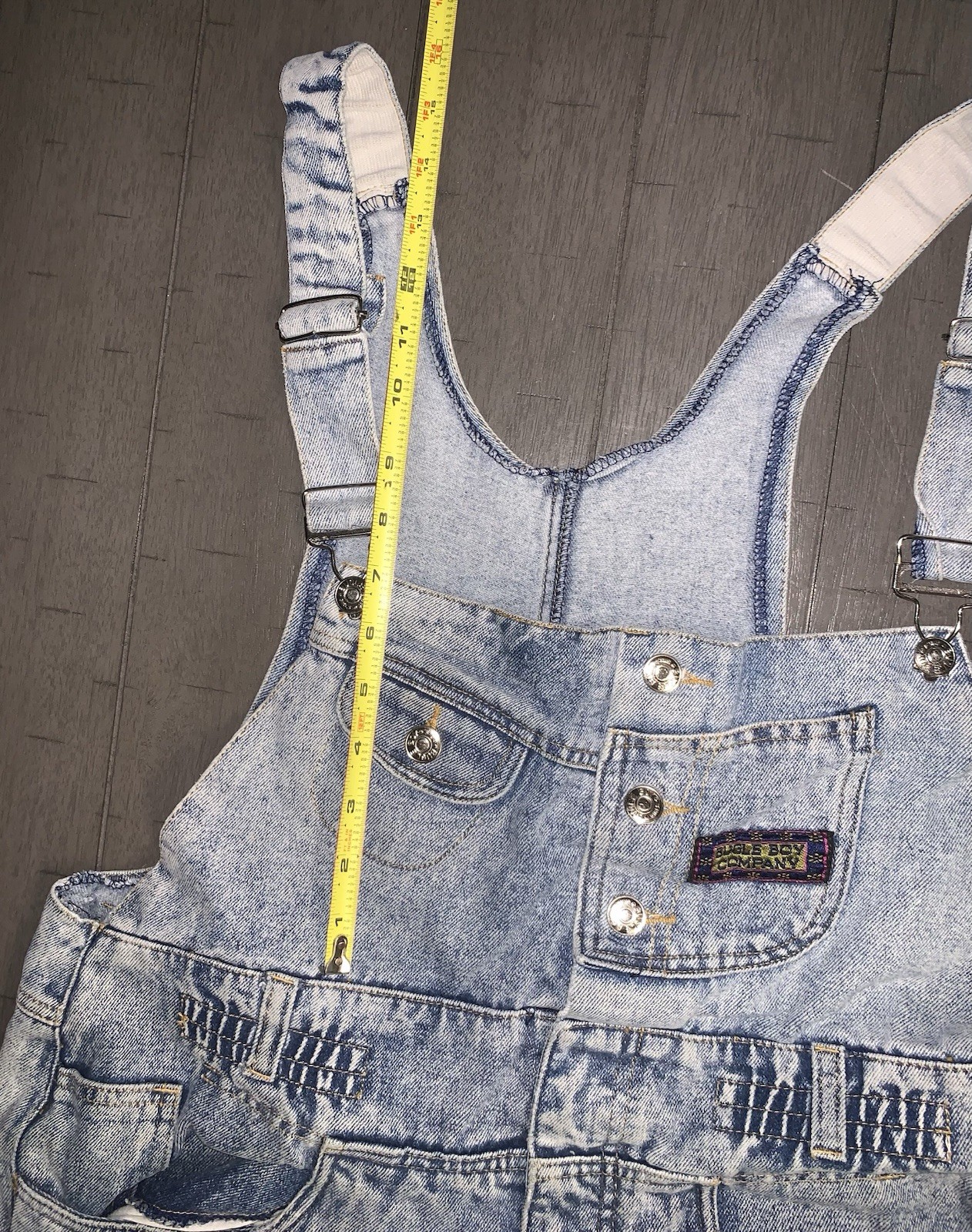 A2 90s WOMENS MEDIUM ACID WASH BUGLE BOY COMPANY BIB OVERALLS FLY GIRL 34 X27”