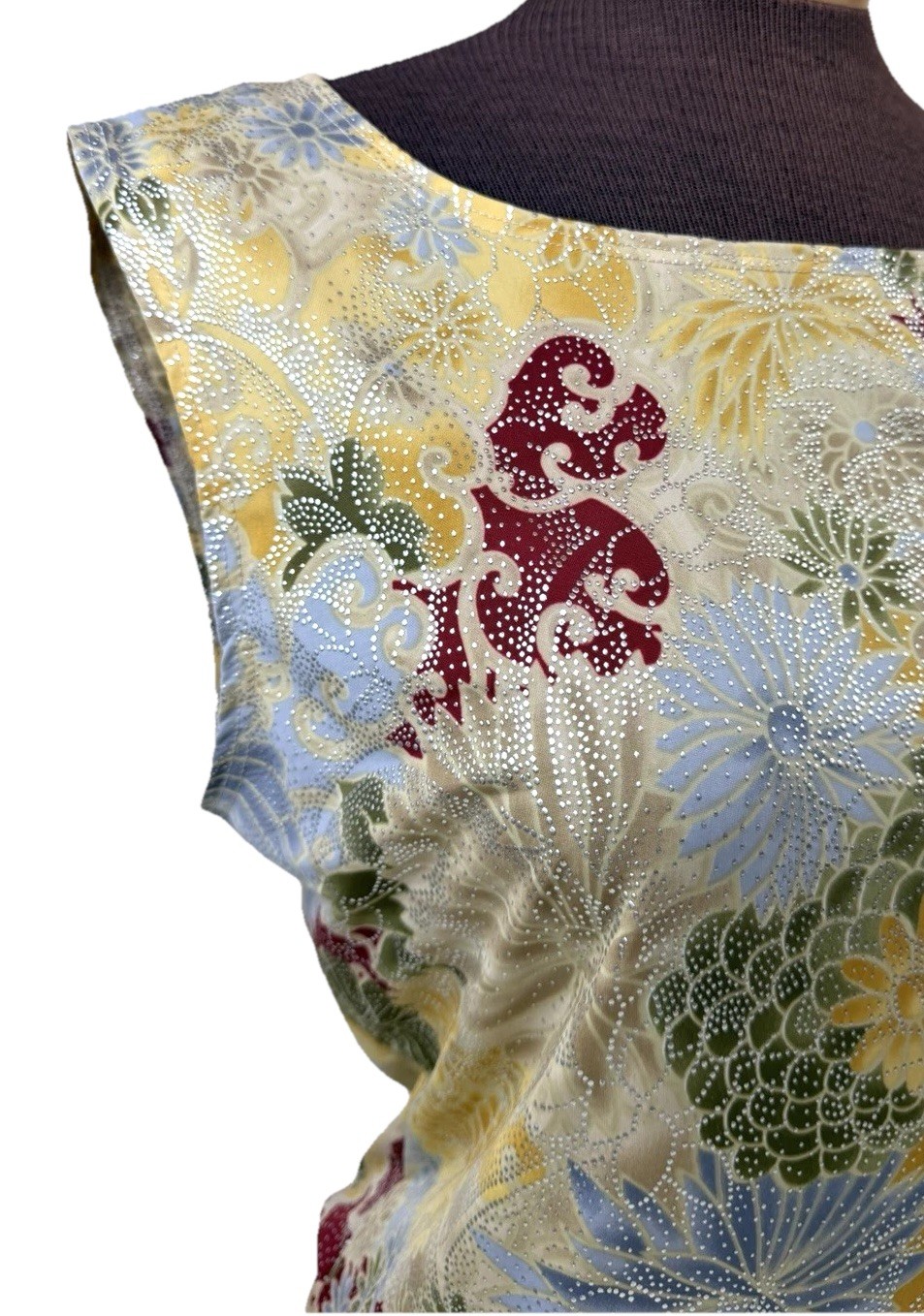 Vtg 90s Y2K Floral Sparkle Sleeveless Tank Top M/L Asian Inspired Bjork Rave JTB