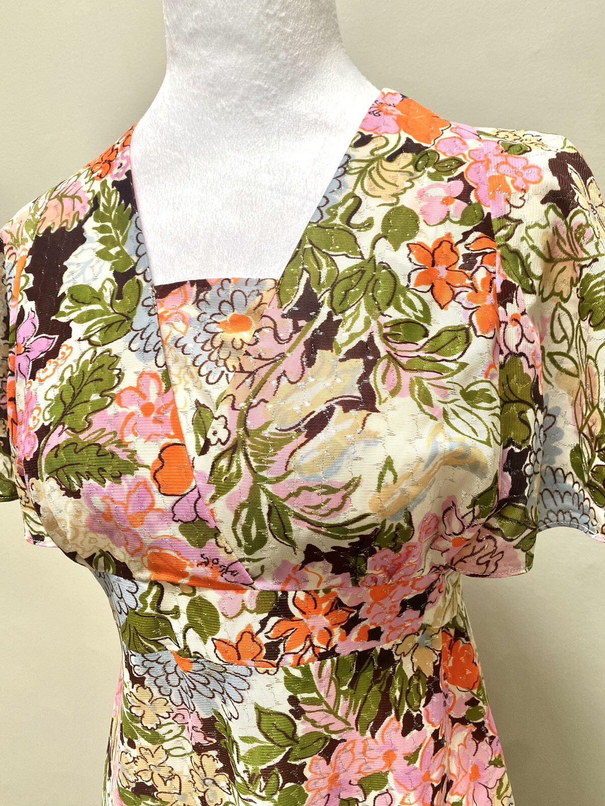 Vintage 1970s Candi Jones California Dress Colorful Groovy Floral Midi Sz 13 S/M