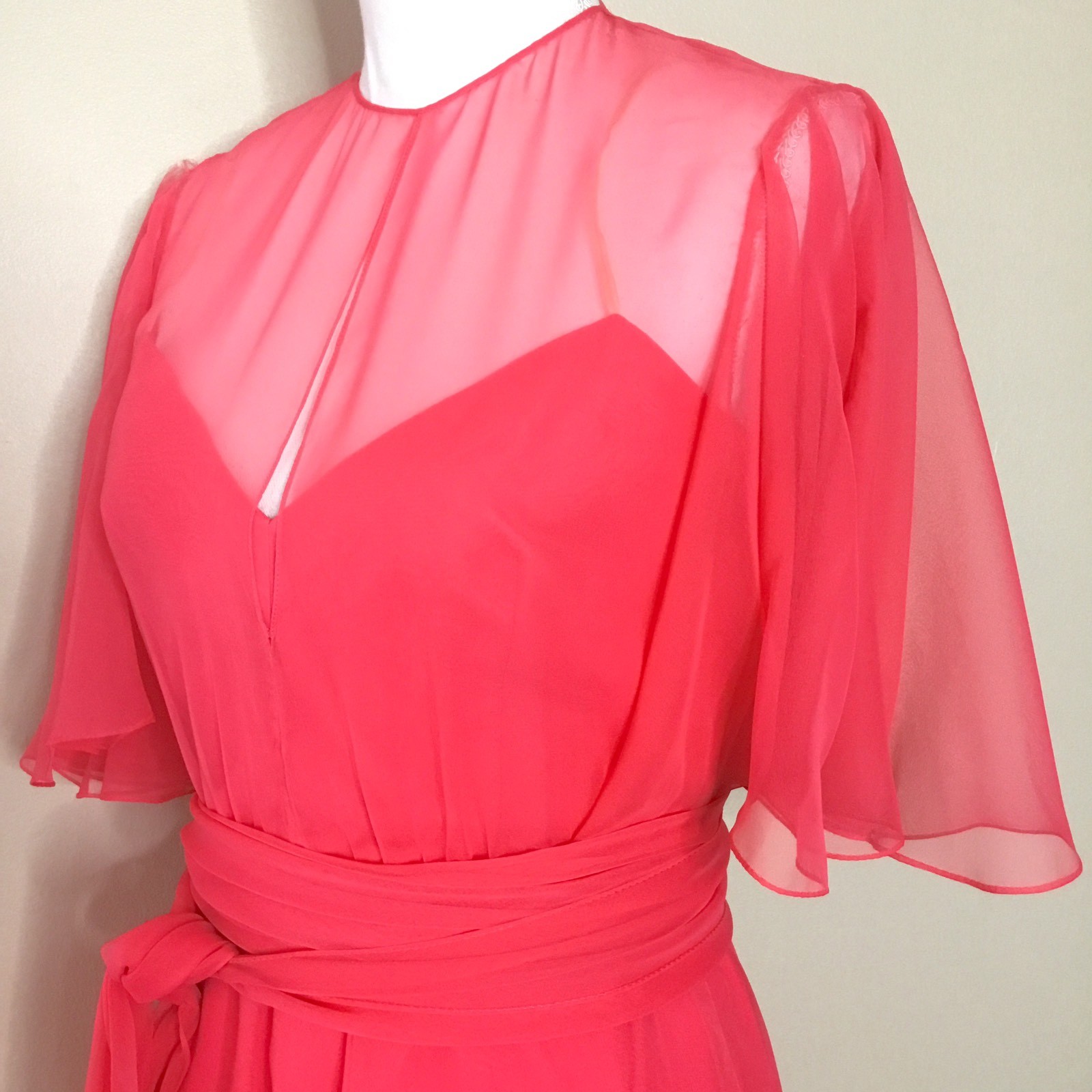 Vtg Mollie Parnis Boutique Womens Dress Sz 10 Coral Pink Chiffon Flowing Sheer