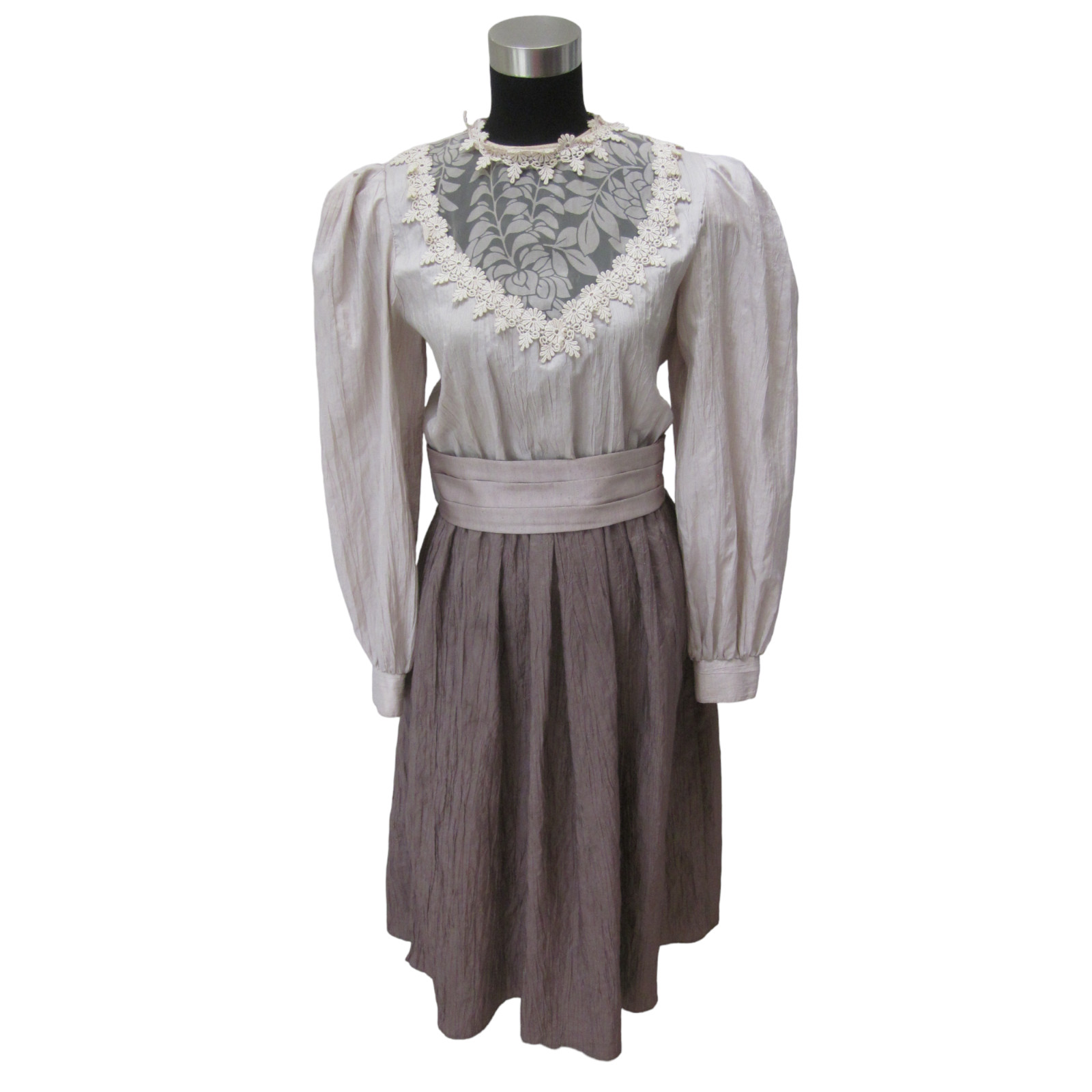 VTG DONNA MORGAN Beige & Taupe Lace Trim Long Puff Sleeve Taffeta Dress Sz 5 6