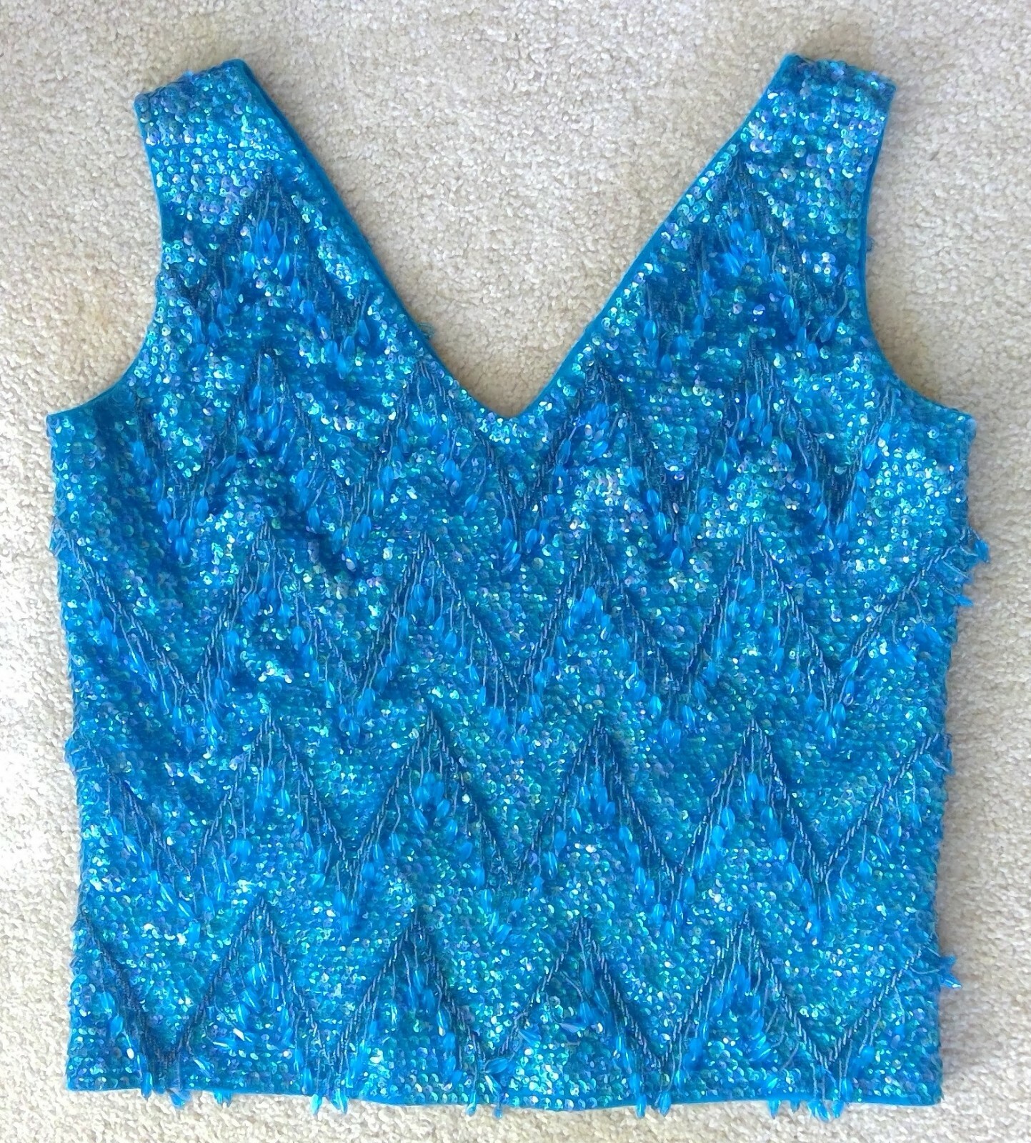 Vtg Forecast Shops Top Blue Sequin/Beads Zipper Back Sz 12 British Hong Kong