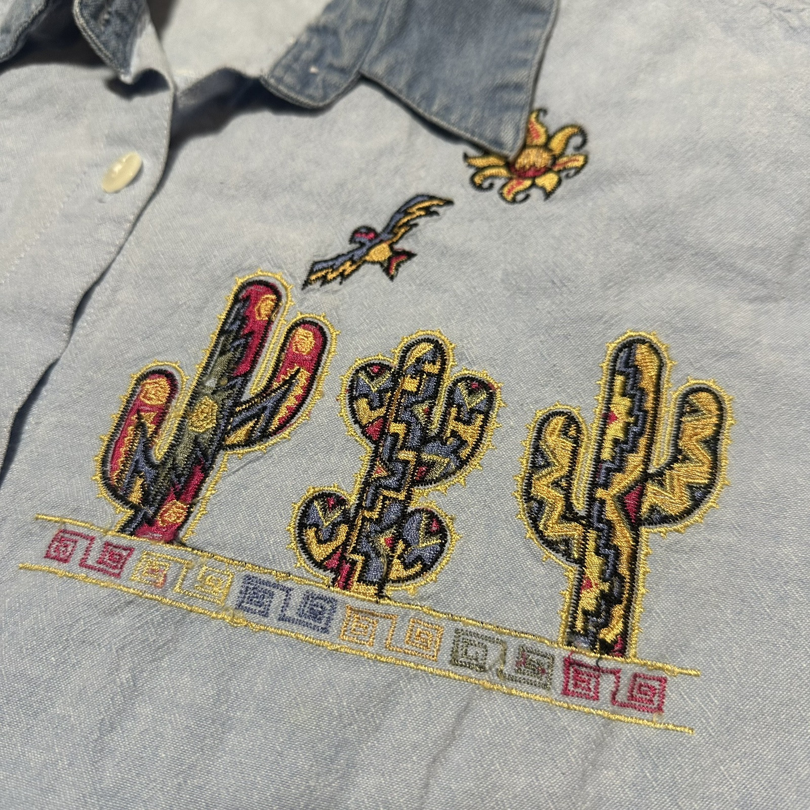 Vintage Blue Denim Collar Embroidered Southwestern Cactus Desert Button Up