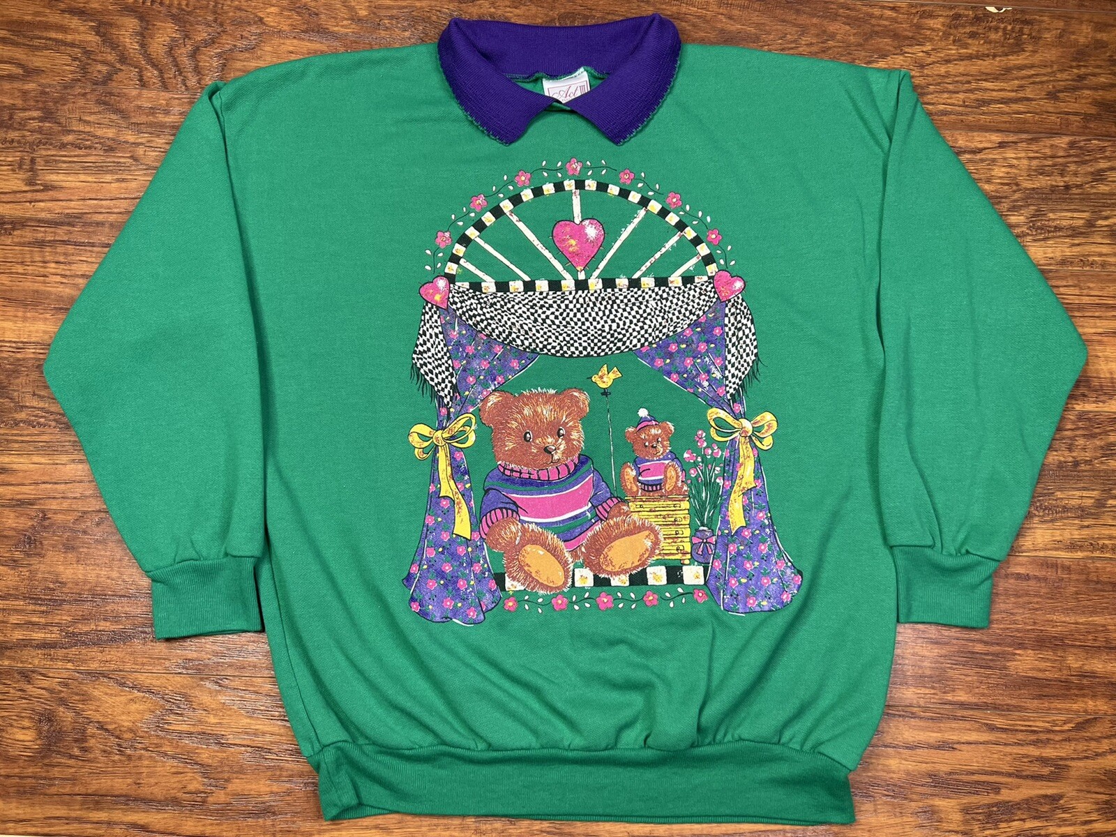Vintage Act III Collared Sweatshirt Teddy Bear Womens Medium Green U3