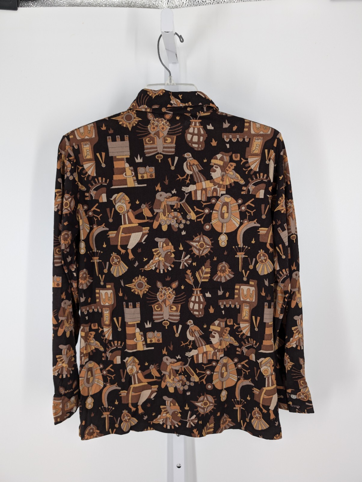 Vintage 70s Mod Boho Tribal Art Print Brown Disco Shirt Bodycon Stretch Nylon L