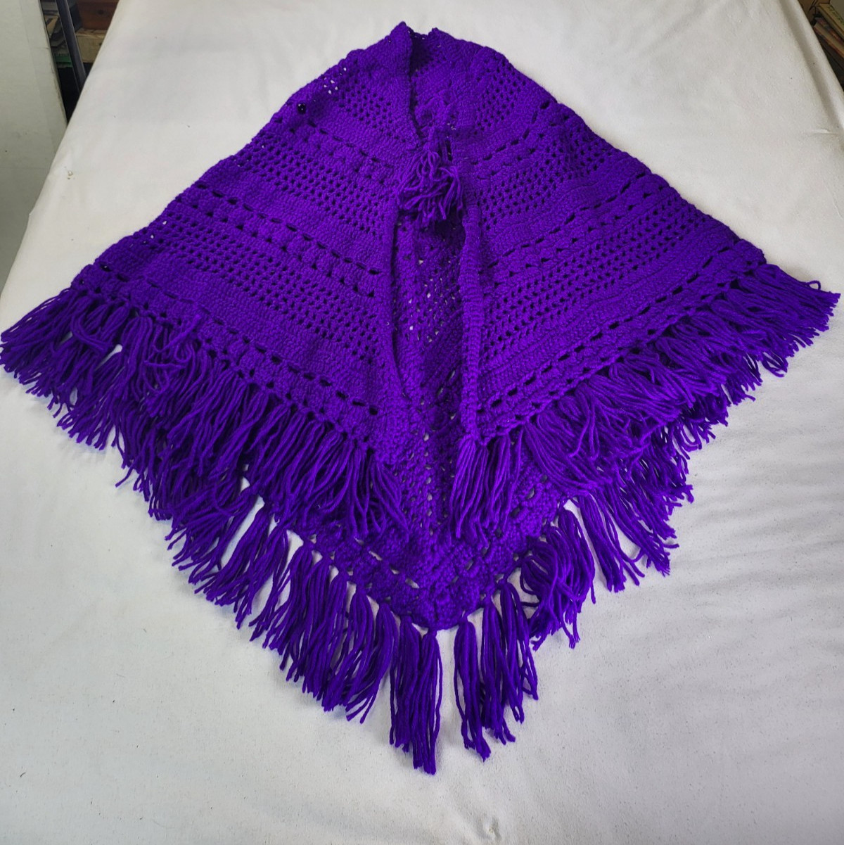Vintage Crochet Poncho Deep Purple w/Fringe Handmade Boho Hippie Granny Core