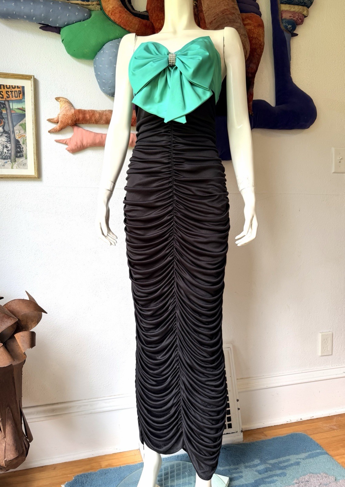 Vintage 1980s Climax David Howard Ruched Maxi Dress Dramatic Bolero Black Green