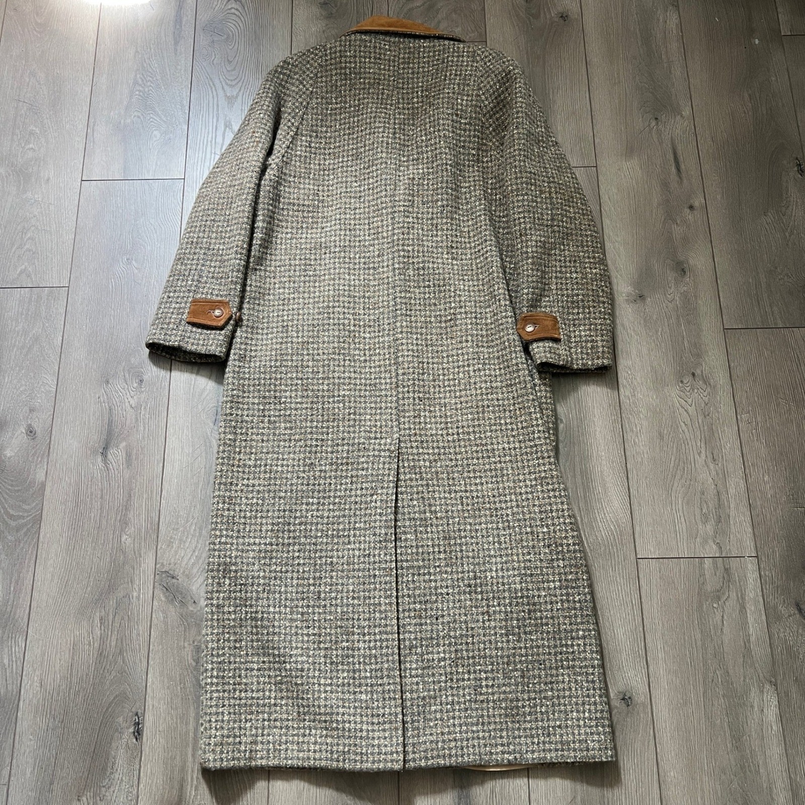 Vintage 1980s LL Bean Tweed Wool Trench Coat Brown Suede Womens Large