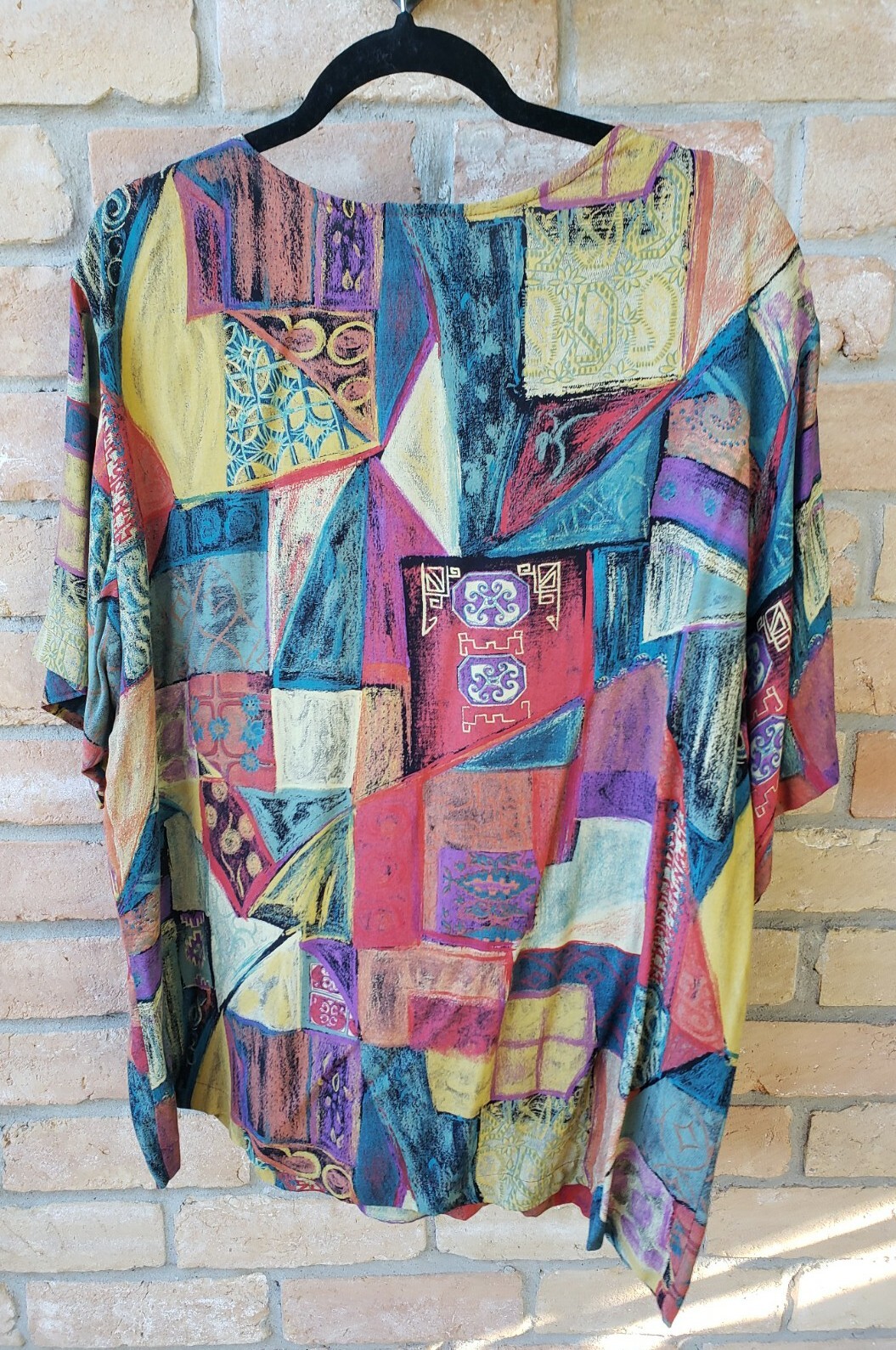 VTG 90s Karen Kane Sz 16 Pullover Multicolor Rayon Top S/S Wearable Art USA Y2K