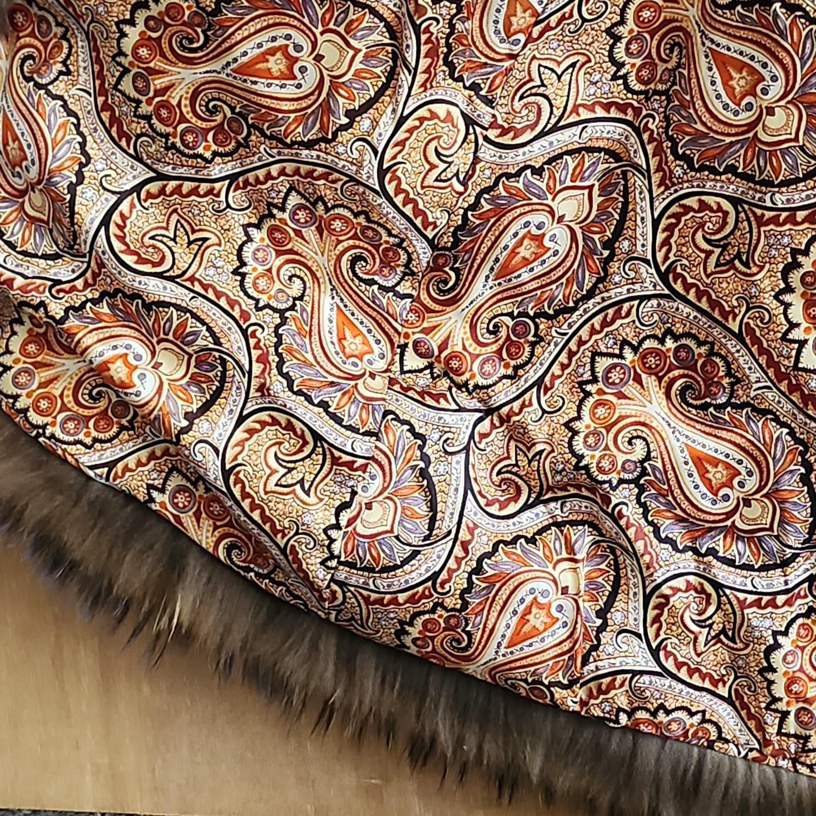 Vintage Rabbit Fur Coat w/ Raccoon Fur Collar & Trim Paisley Lining 41″ -AS IS-