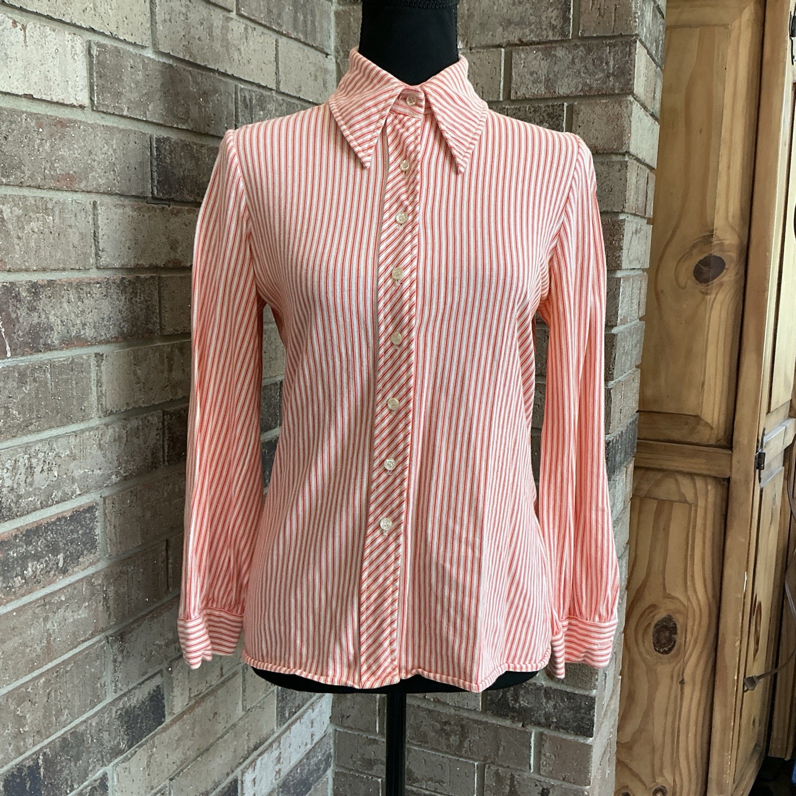 70s VINTAGE Country Set Orange White Stripe Button Blouse Women’s XS Knit #14D6