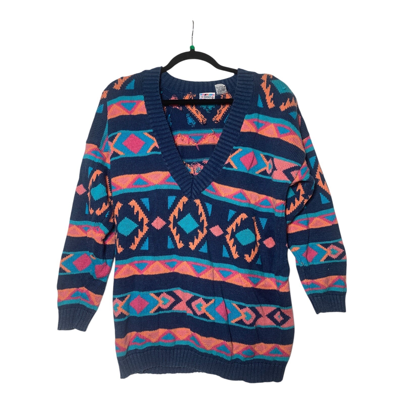 Vintage 80s Nuovo Womens Sweater Sz S Southwest Aztec Cotton Ramie Shoulder Pads