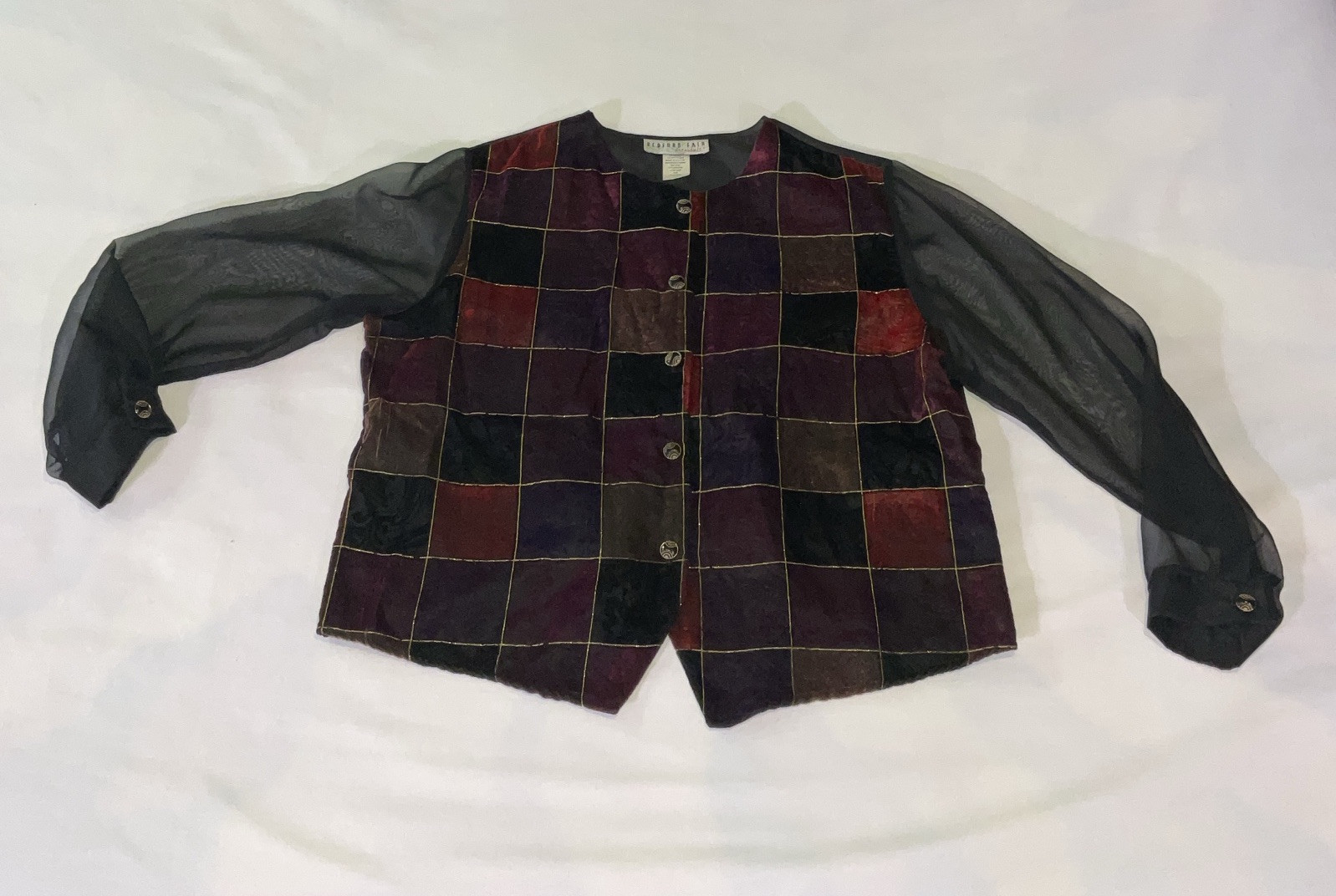 Vtg 90’s Bedford Fair Multicolor Velvet Patchwork Blouse Sheer Sleeves Sz 16P