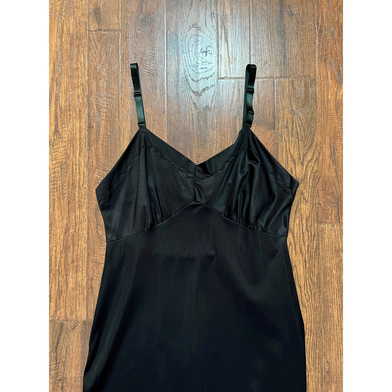 Vintage Nylon Spaghetti Strap Slip Dress Black with Scalloped Embroidery Mistra