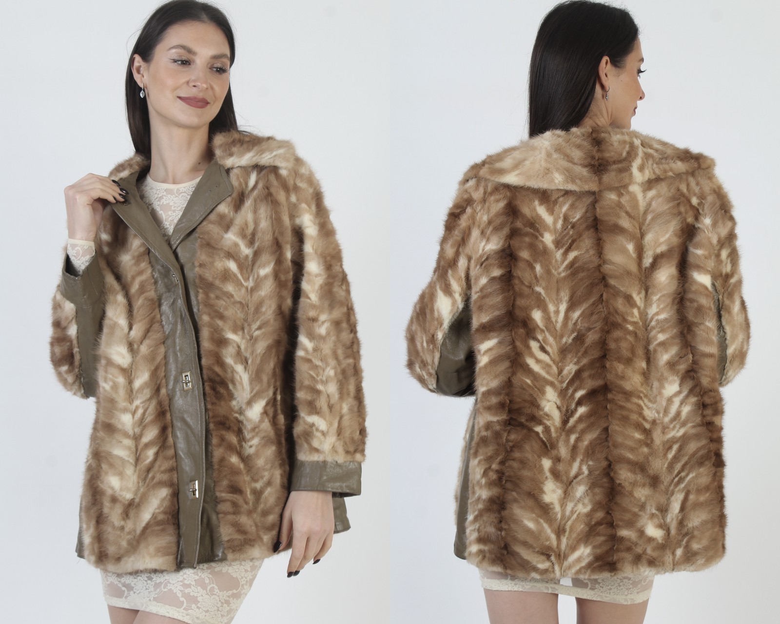 Vintage Patchwork Brown Leather Jacket Autumn Haze Blonde Real Mink Fur Sky Coat