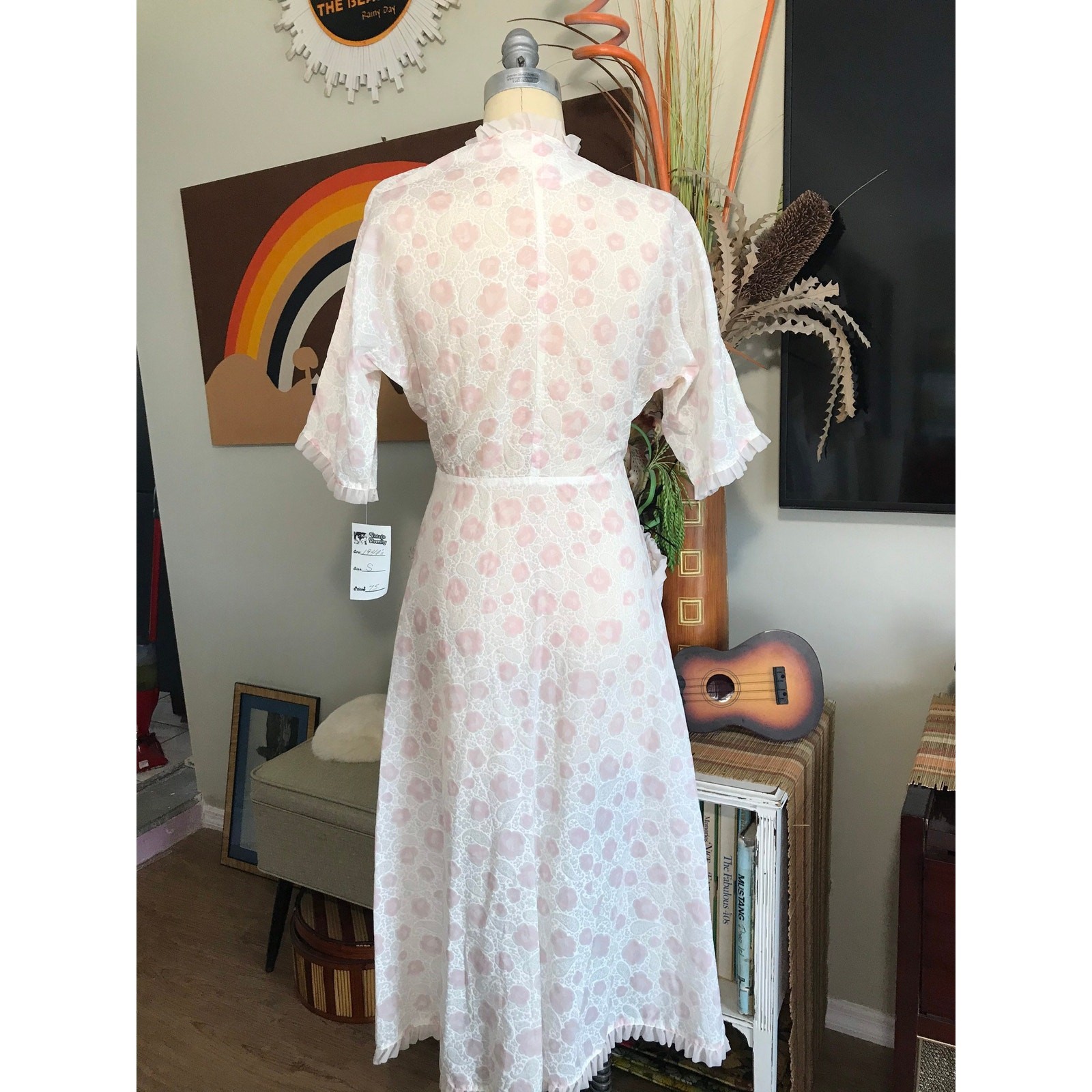 Jane Joyce 1940s Robe Sheer White Paisley Pink Floral Ruffled Dressing Gown