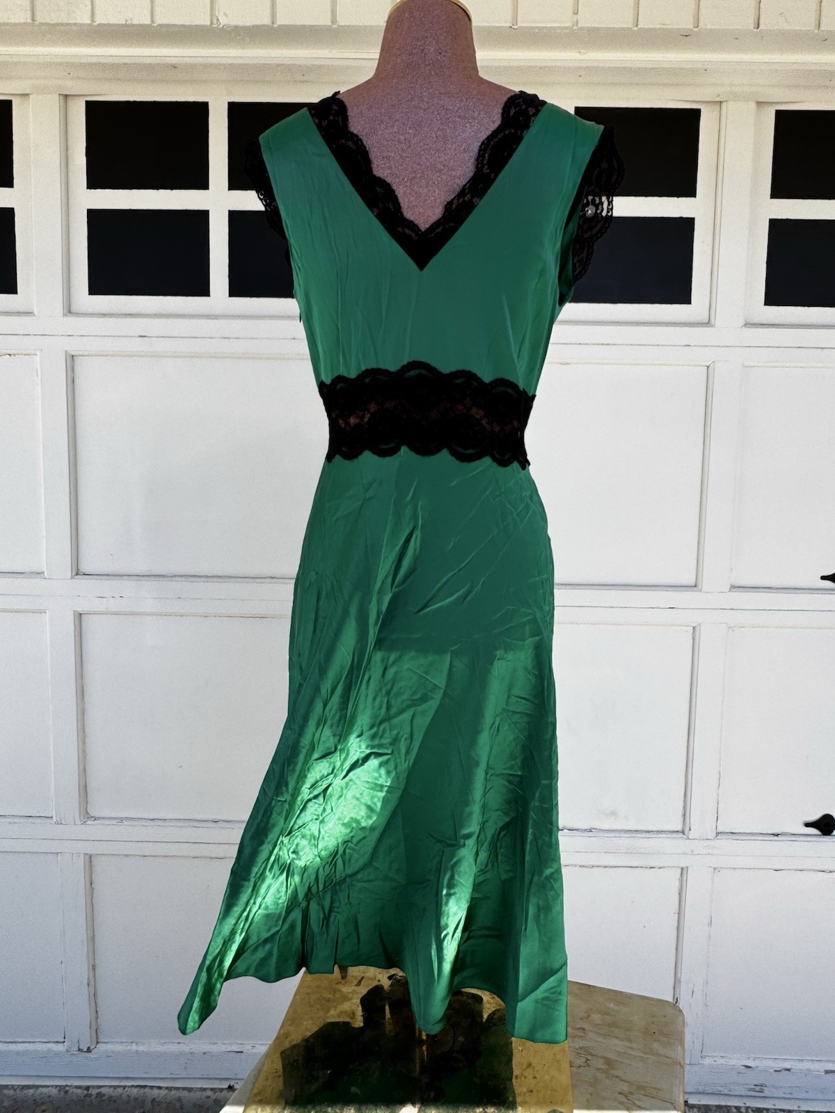 VTG Searle Silk Cap Sleeve Slip Dress V Neck Lace Emerald Green Black 90s Y2K